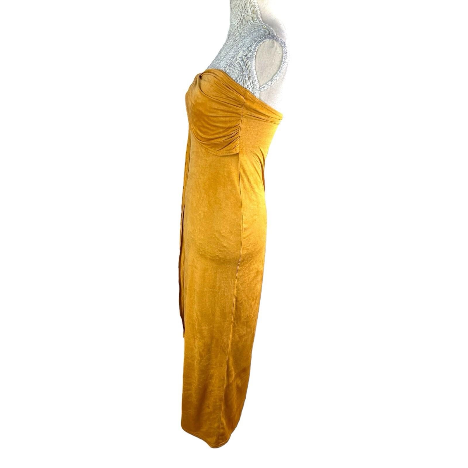 Strapless Drape Maxi Dress Women’s UK Size 8 Mustard Yellow Velour Occasion