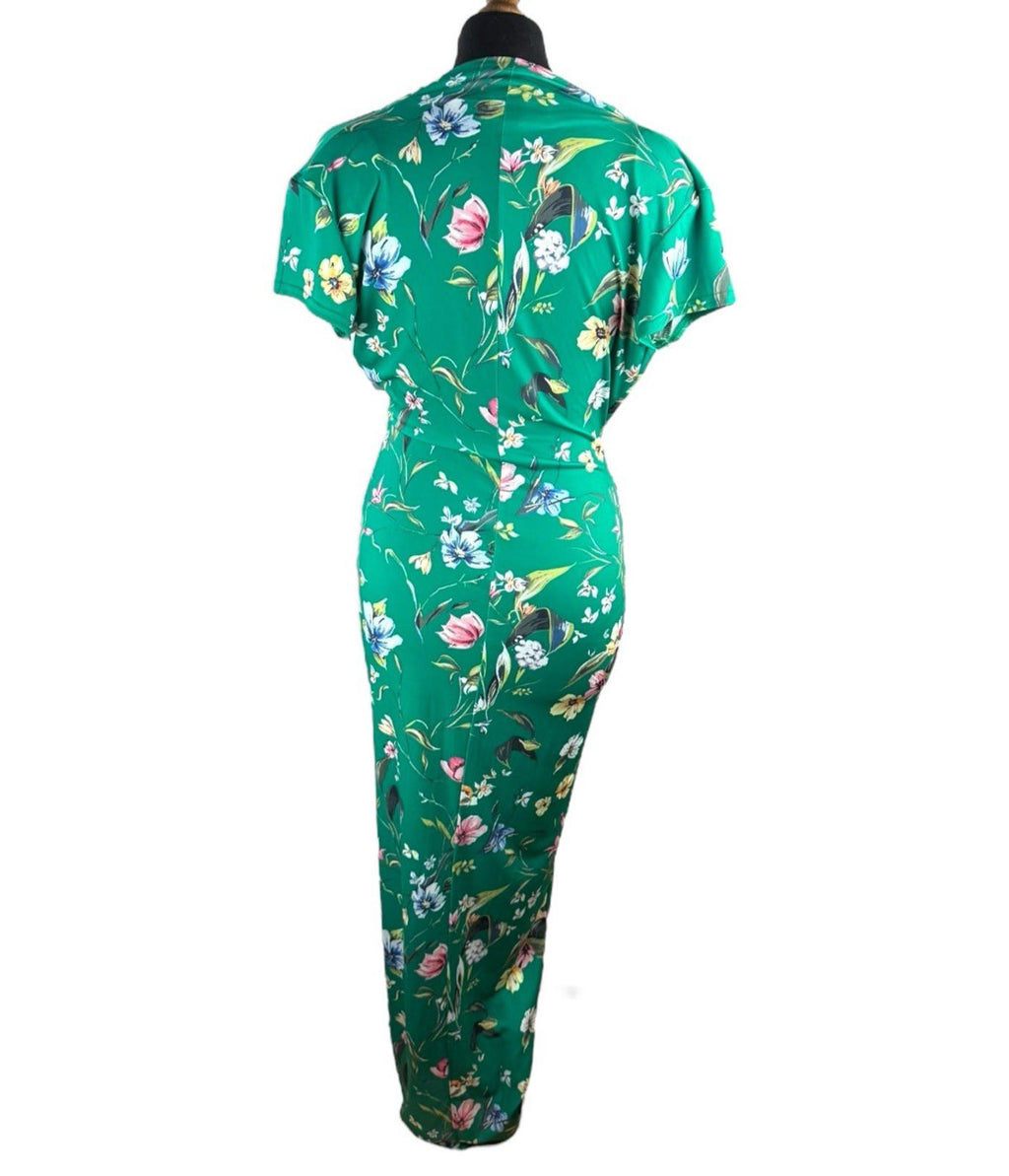 Vestry Green Dress Plunge Neck High Split Bodycon Floral Midi Women’s UK Size 12