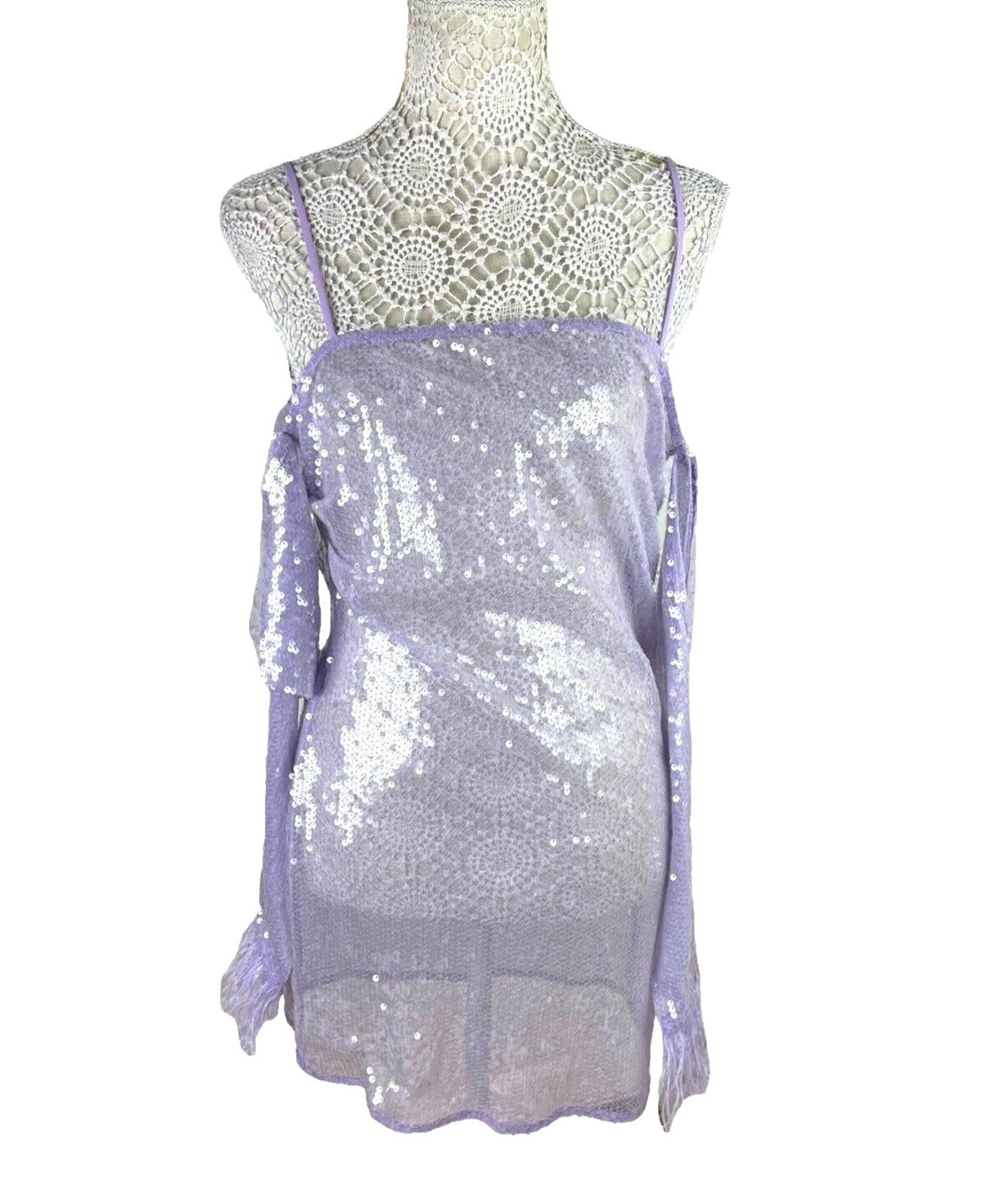 Lilac Full Sheer Sequin Mini Dress Feather Detail Women’s UK Size 8
