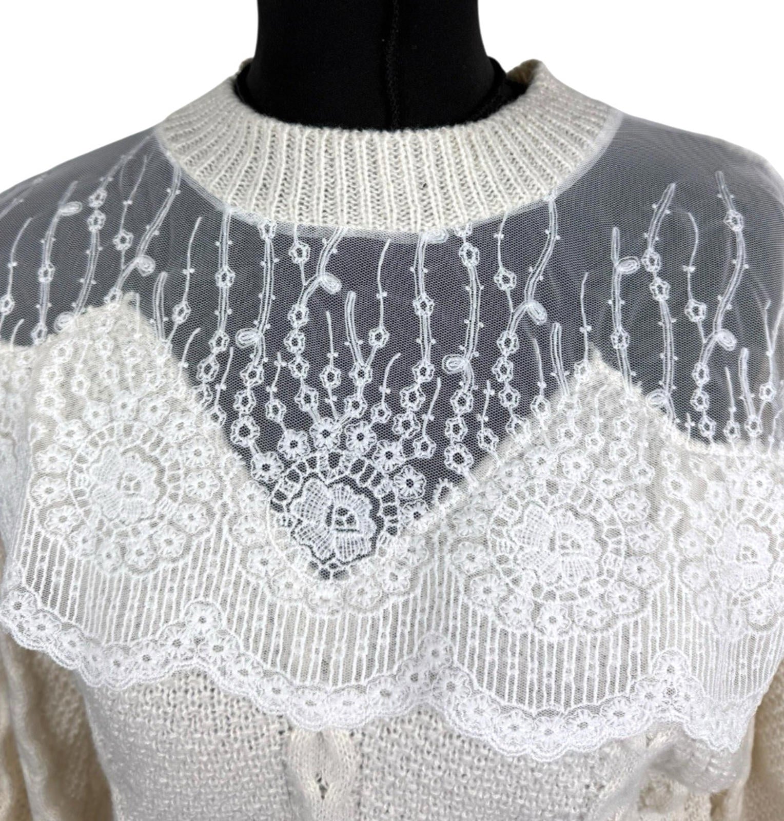 Shein Beige Knit Jumper White Lace Panel Long Sleeve Women’s UK Size L
