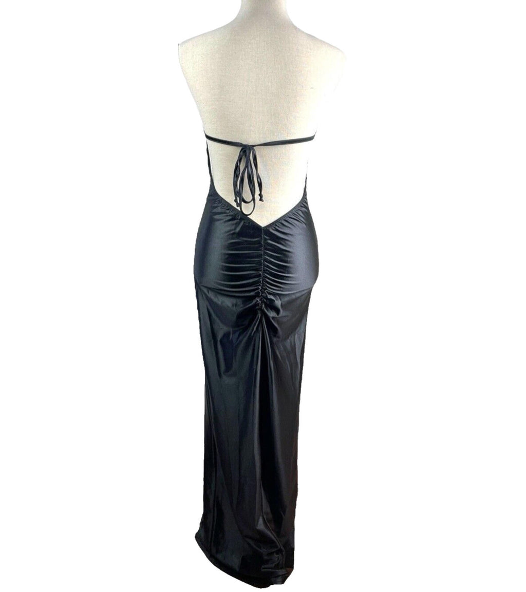 Glamour Black Satin Strapless Ballgown Dress Backless Maxi Women’s UK Size 10