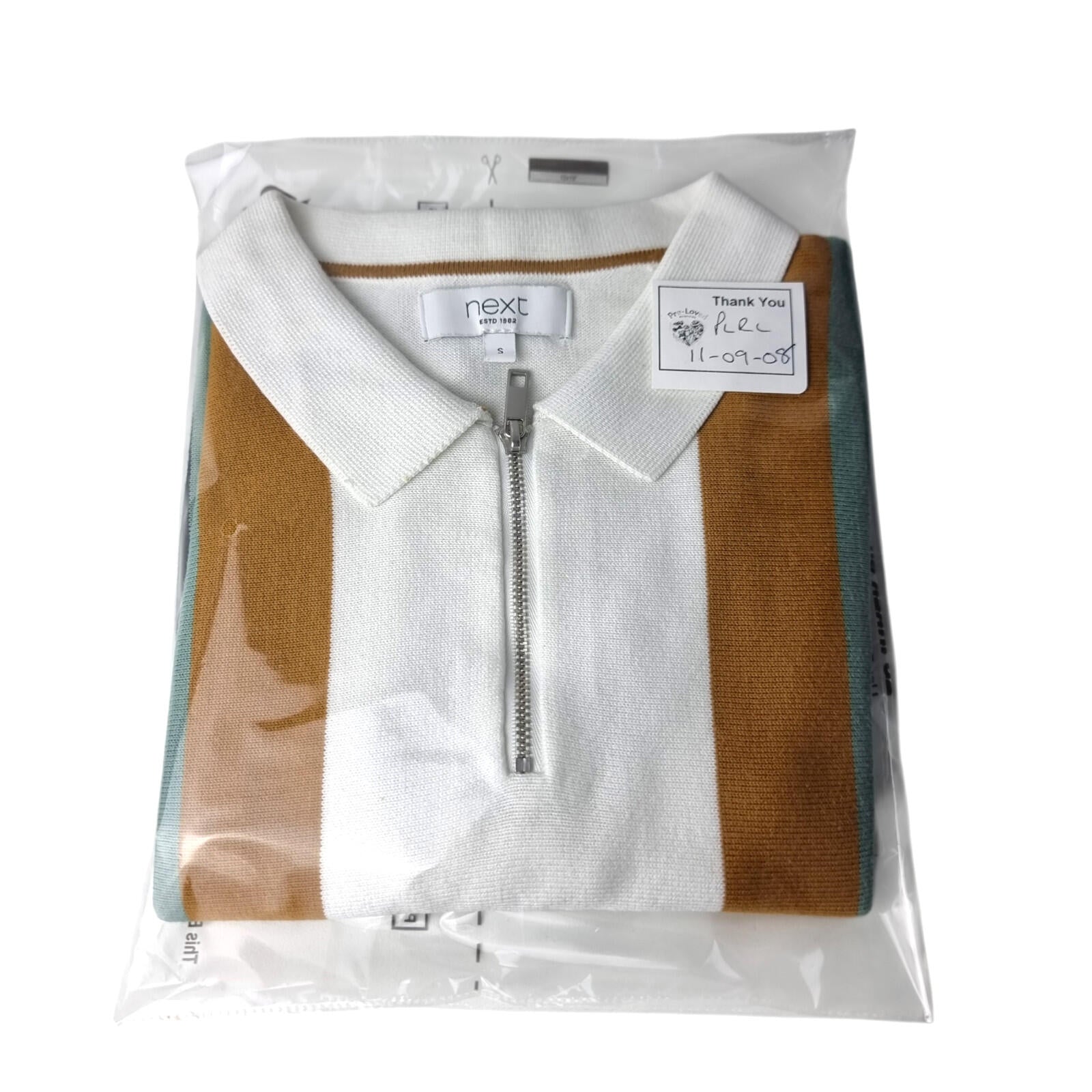 Next Knit Polo Shirt Men's UK Size S Striped Short Sleeve 100% Cotton 1/4 Zip