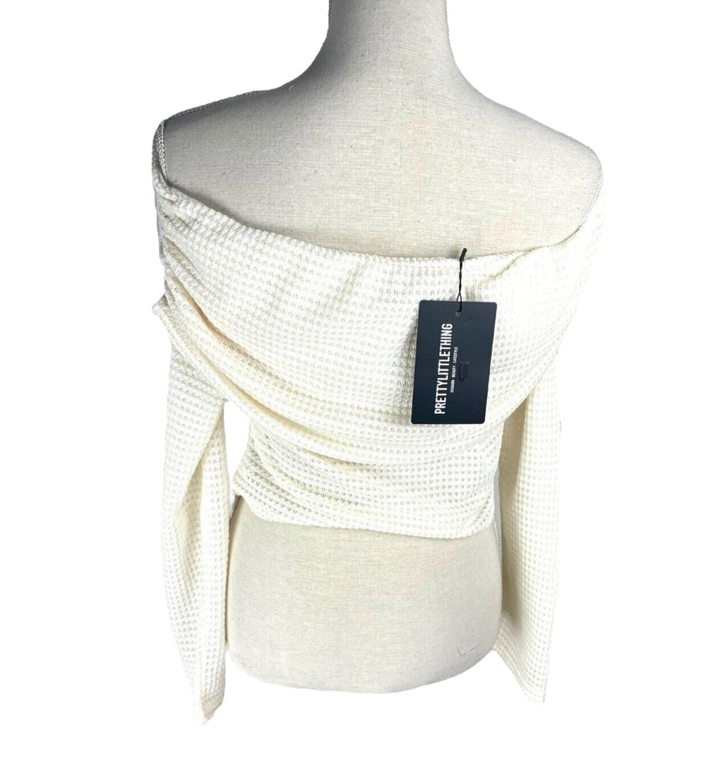 Pretty Little Thing Crop Top Cream Off Shoulder Textured Women’s UK Size 16