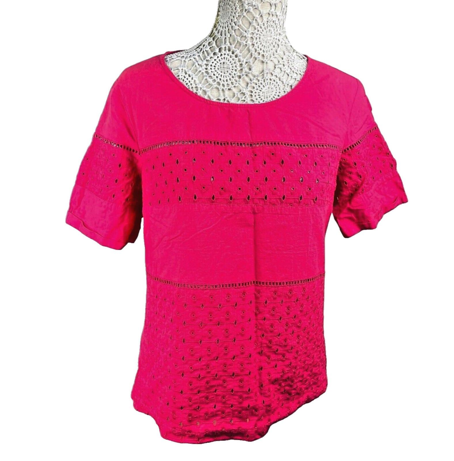 Next Bright Pink T-shirt Top Embroidered Hole Design Women’s UK Size 14