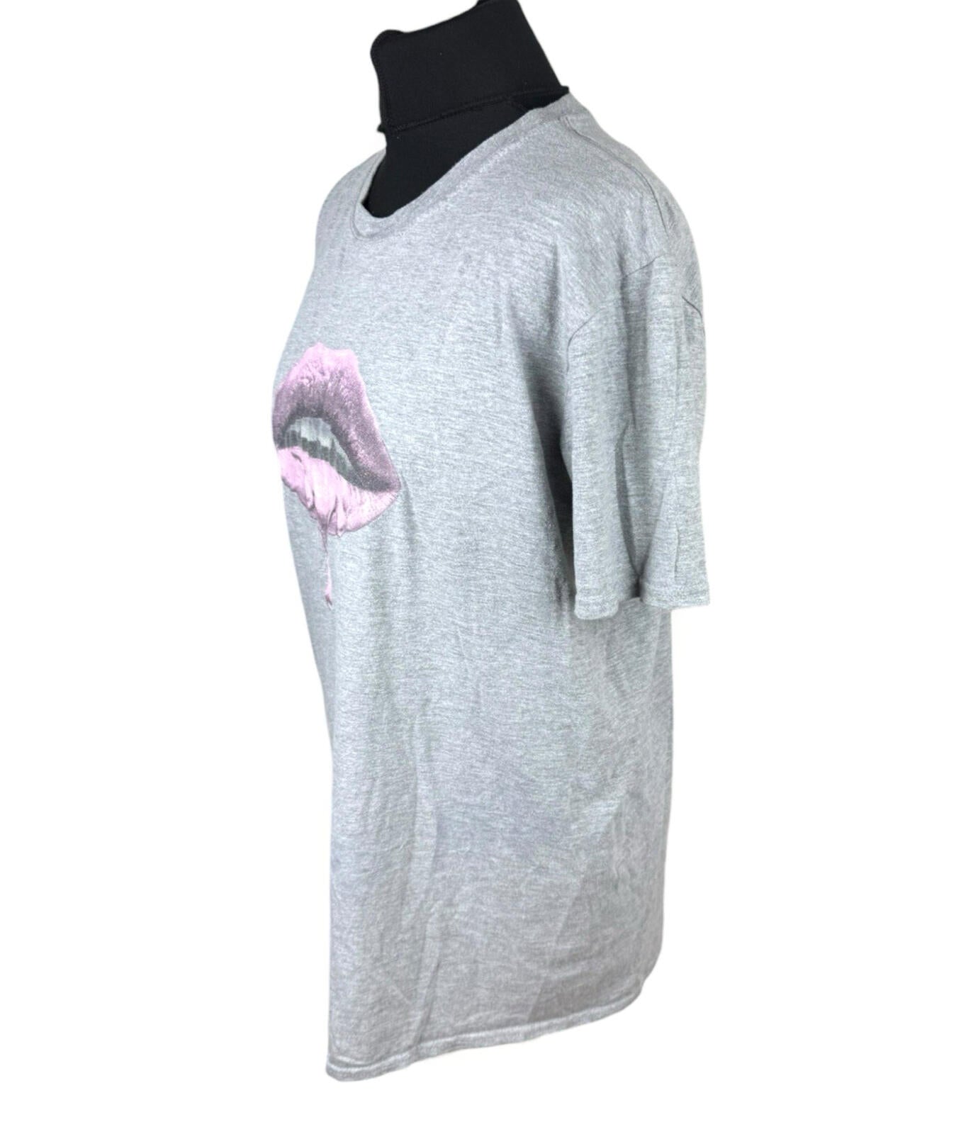 Pink Glitter Lips T-Shirt Women’s UK Size L Grey Jersey Graphic Print Crew Neck