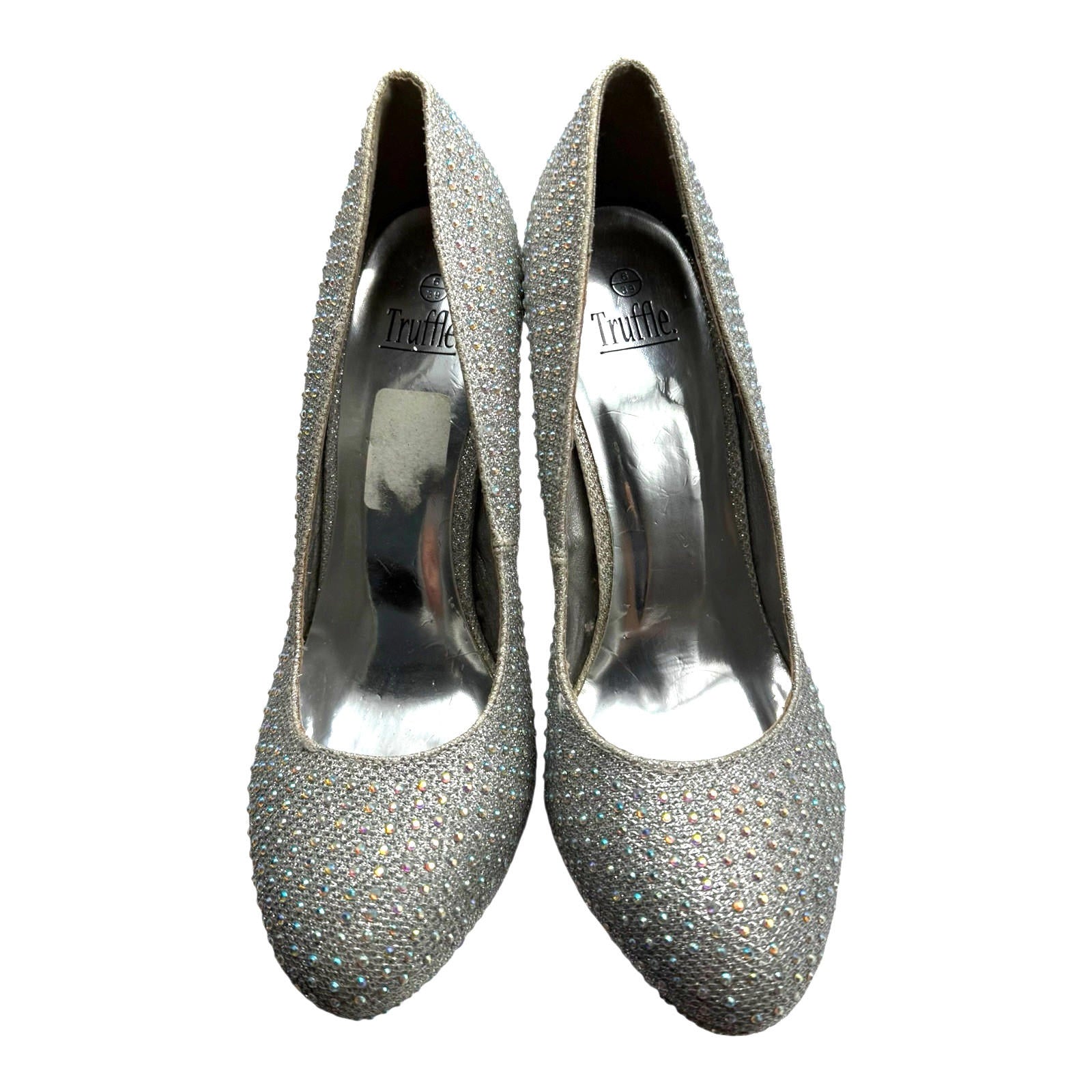 Truffle Silver Rhinestone Shoes Round Toe Stiletto Sparkle Women’s UK Size 6