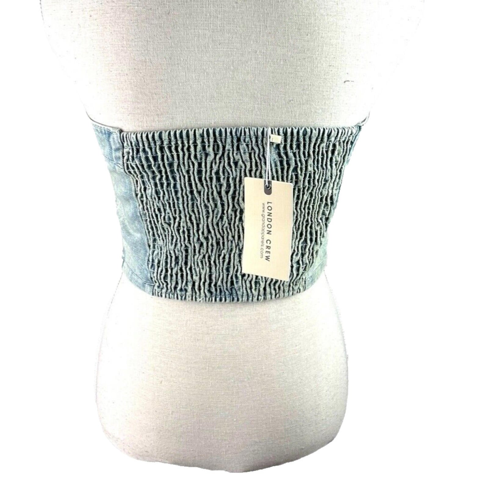 London Crew Light Wash Denim Crop Top Women’s UK Size 8 Blue Pockets Shirred