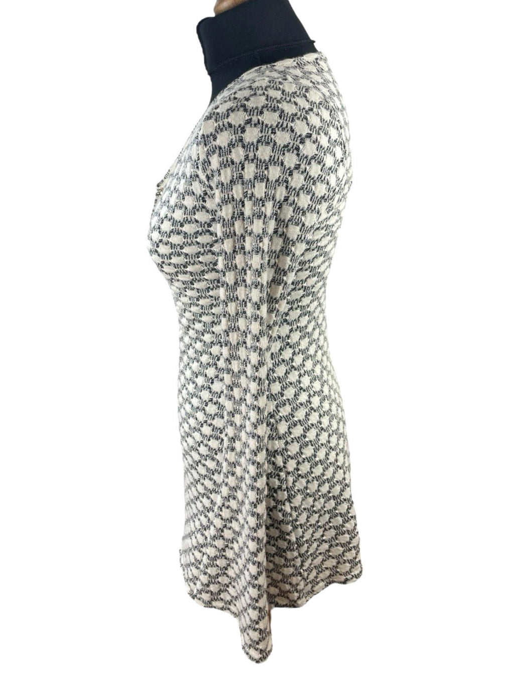 Textured Knit Mini Dress Women's UK Size 8 Flared Sleeve Beige Geometric