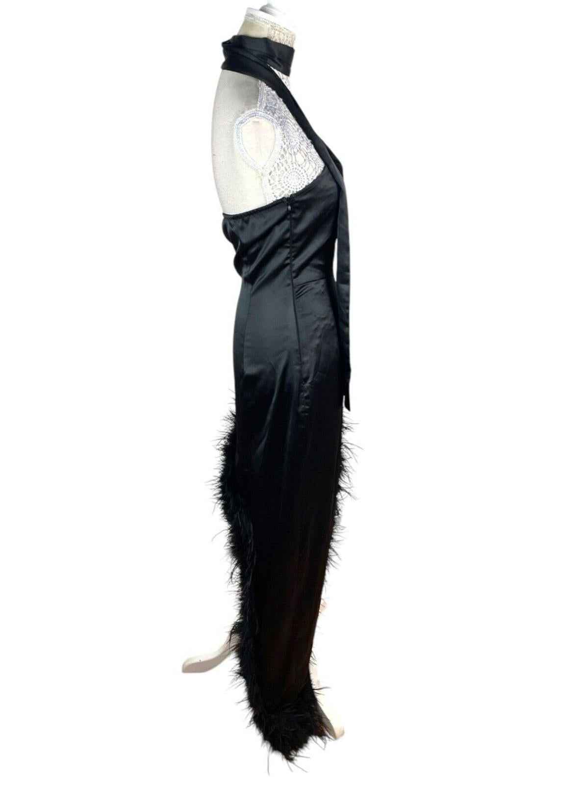 Pretty Little Thing Black Satin Dress Feather Trim Women’s UK Size 8