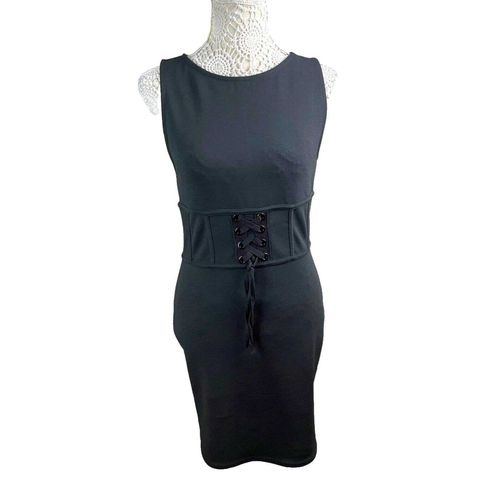 River Island Black Mini Dress Bodycon Corset Waist Women’s UK Size 12
