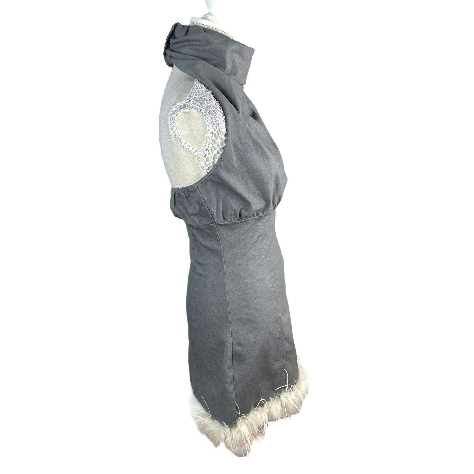 Pretty Little Thing Midi Dress Grey Denim Backless Feather Hem Women’s UK Size 8