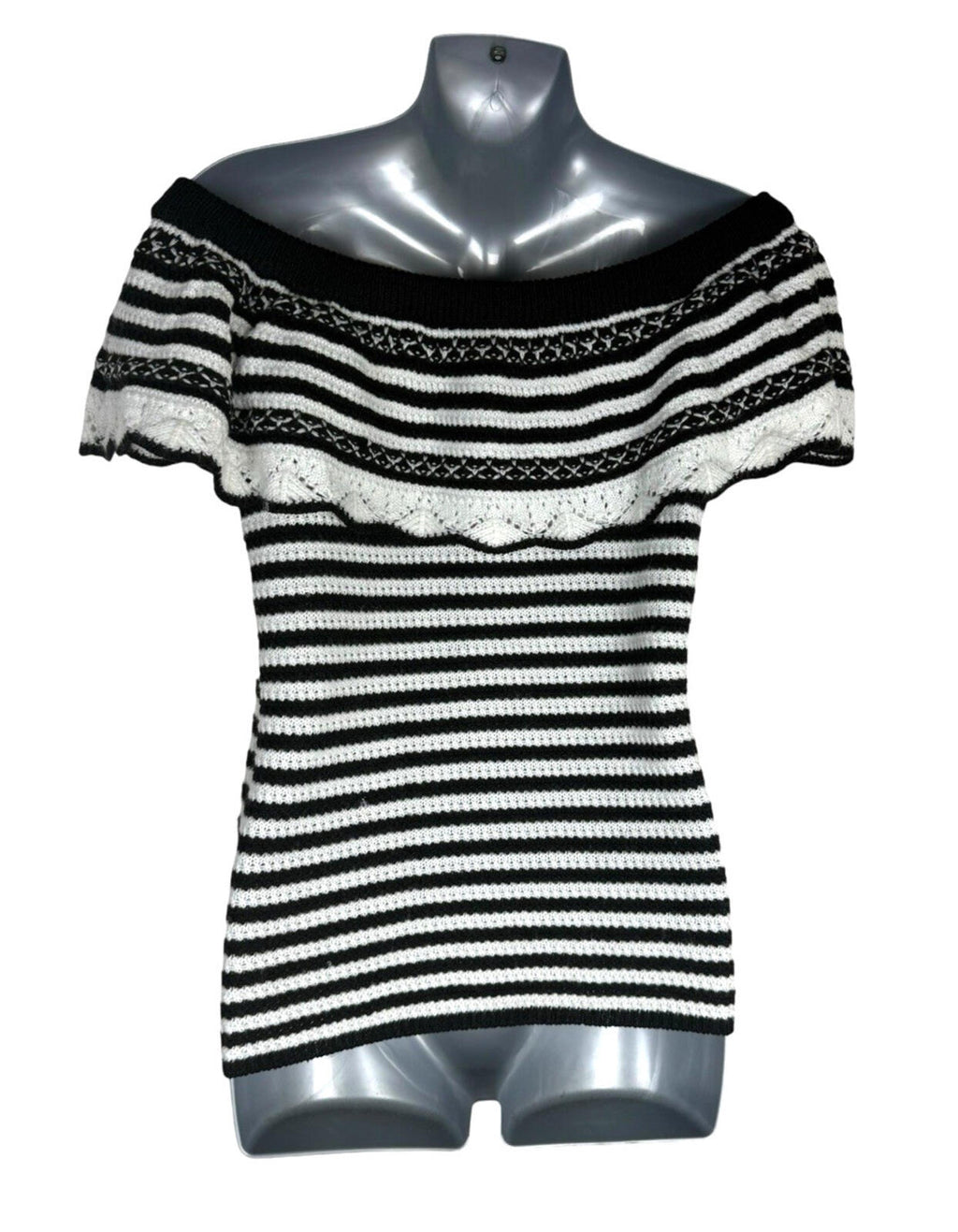 Papaya Off Shoulder Knit Top Women’s UK Size 12 Stripe Black White