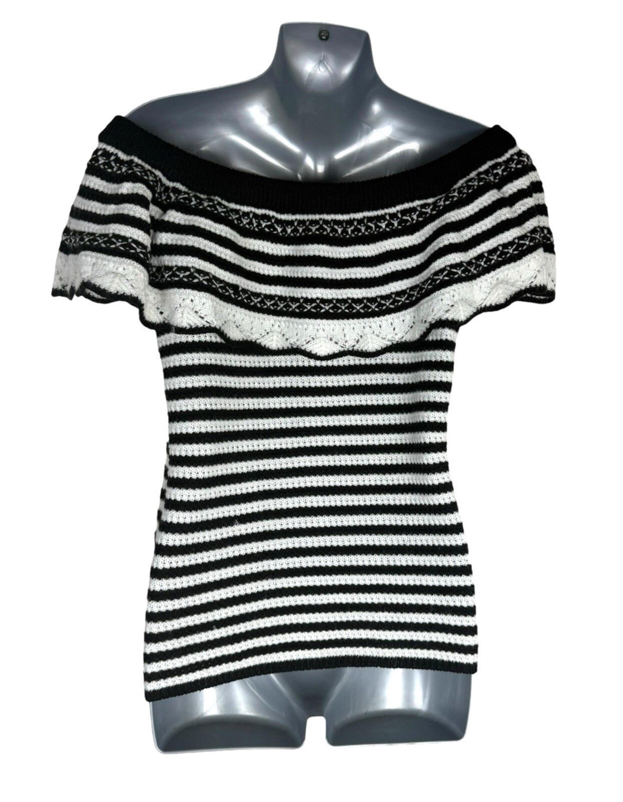 Papaya Off Shoulder Knit Top Women’s UK Size 12 Stripe Black White