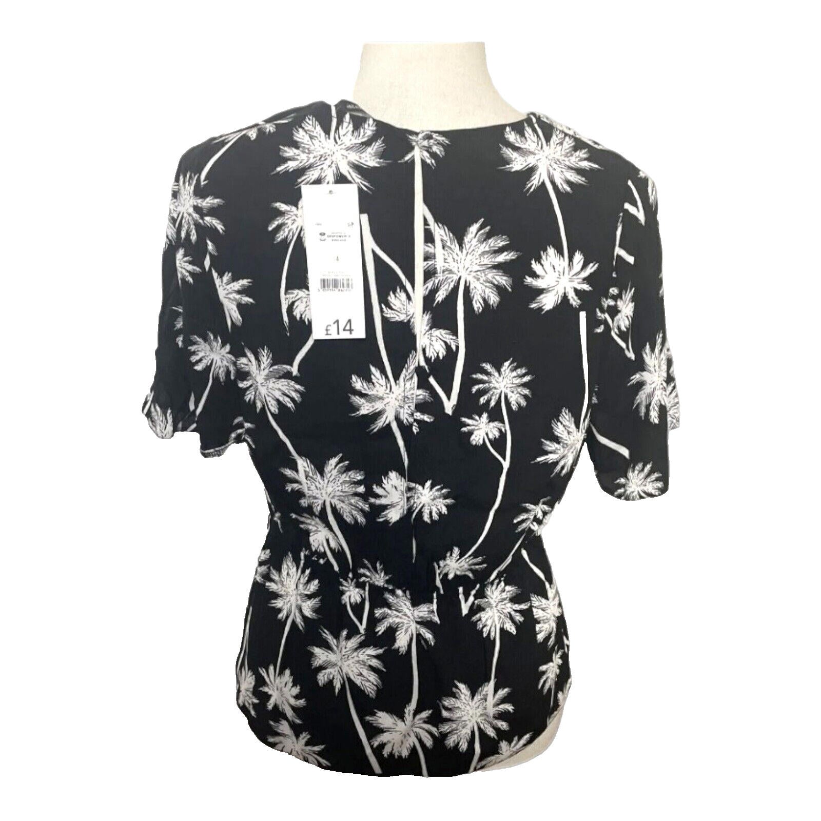 George Blouse Palm Print Black Short Sleeve Top Women's UK Size 14