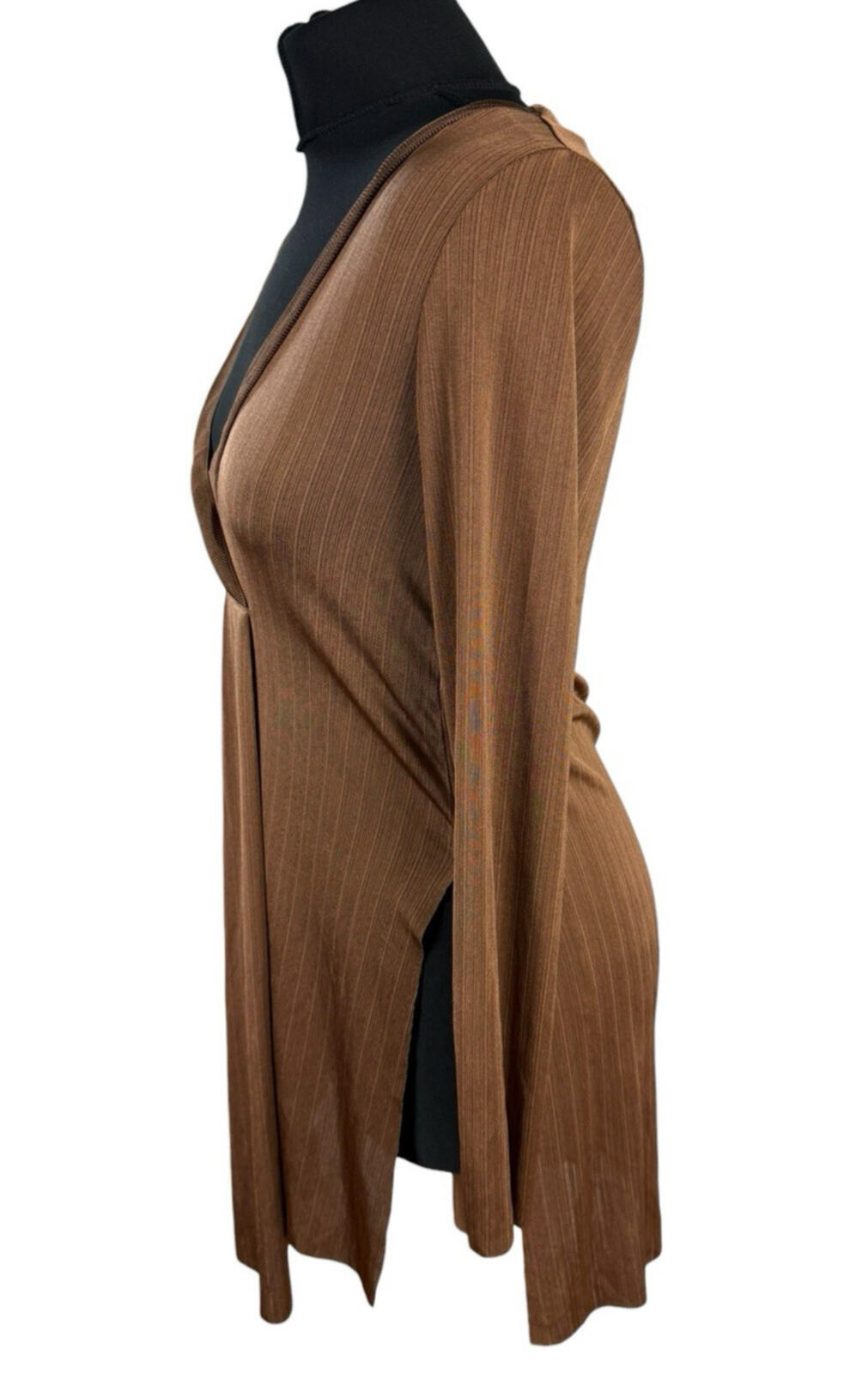Zara Long Sleeve Tunic Top Women’s UK Size S Side Slit Brown Fine Stripe V-Neck