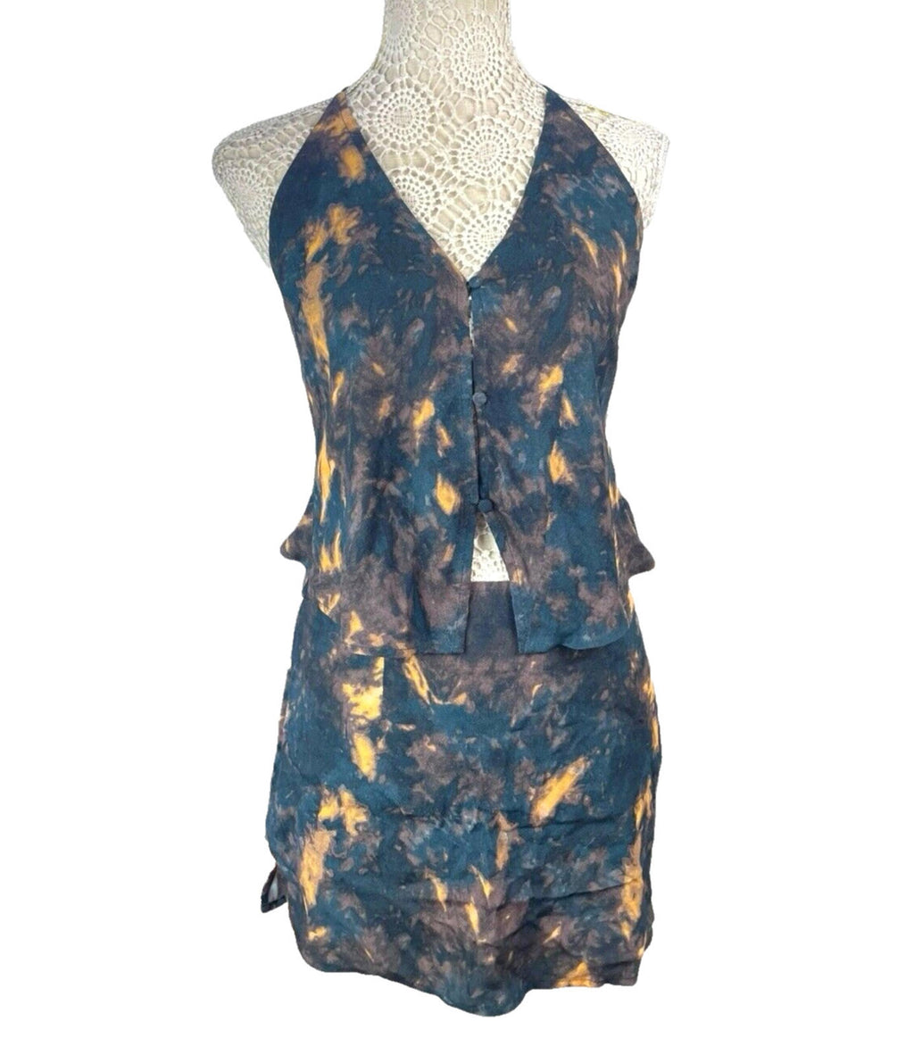 Tie-Dye Mini Skirt & Top Co Ord Set Women's UK Size 8 Rustic Halterneck Blue