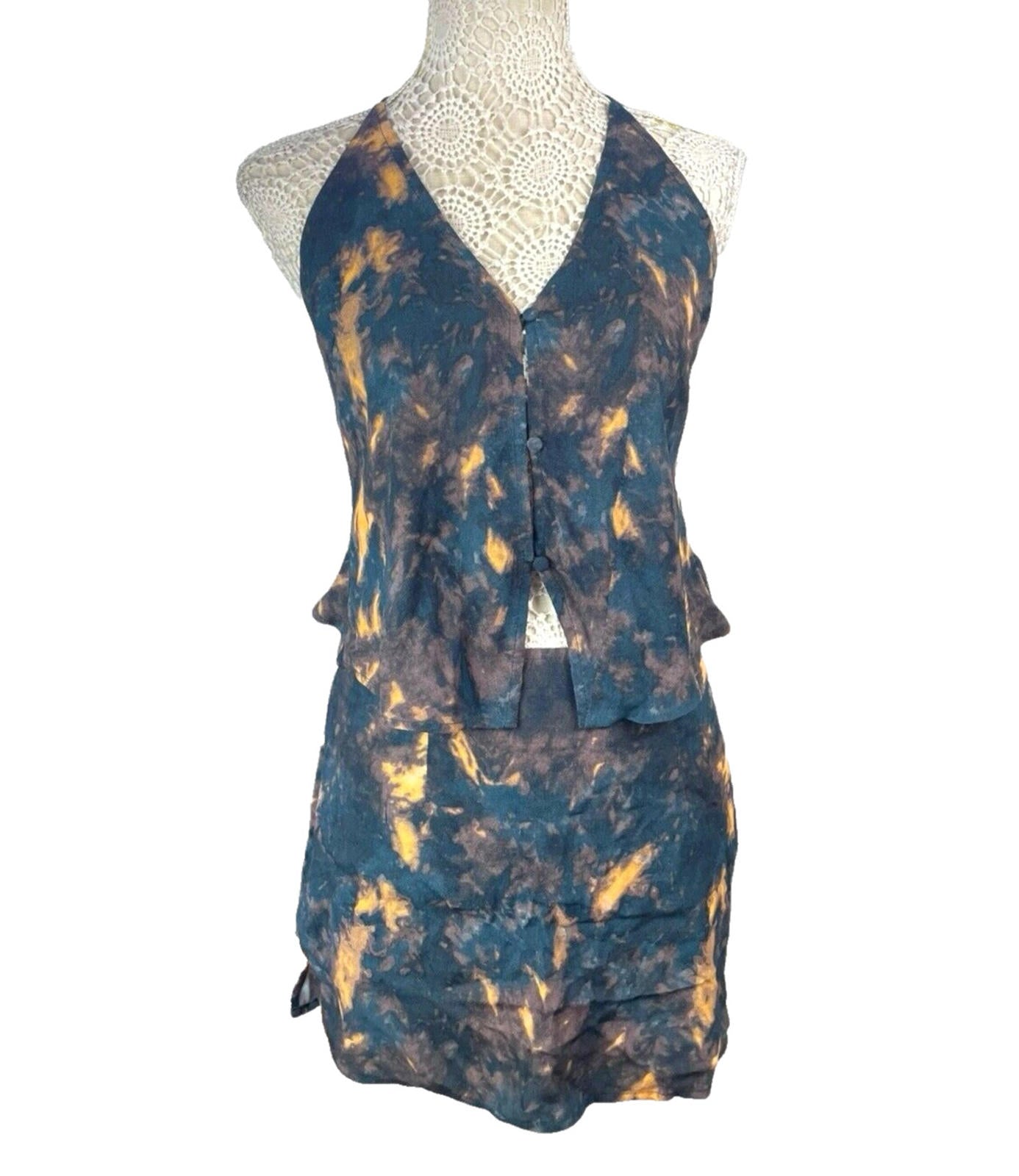 Tie-Dye Mini Skirt & Top Co Ord Set Women's UK Size 8 Rustic Halterneck Blue