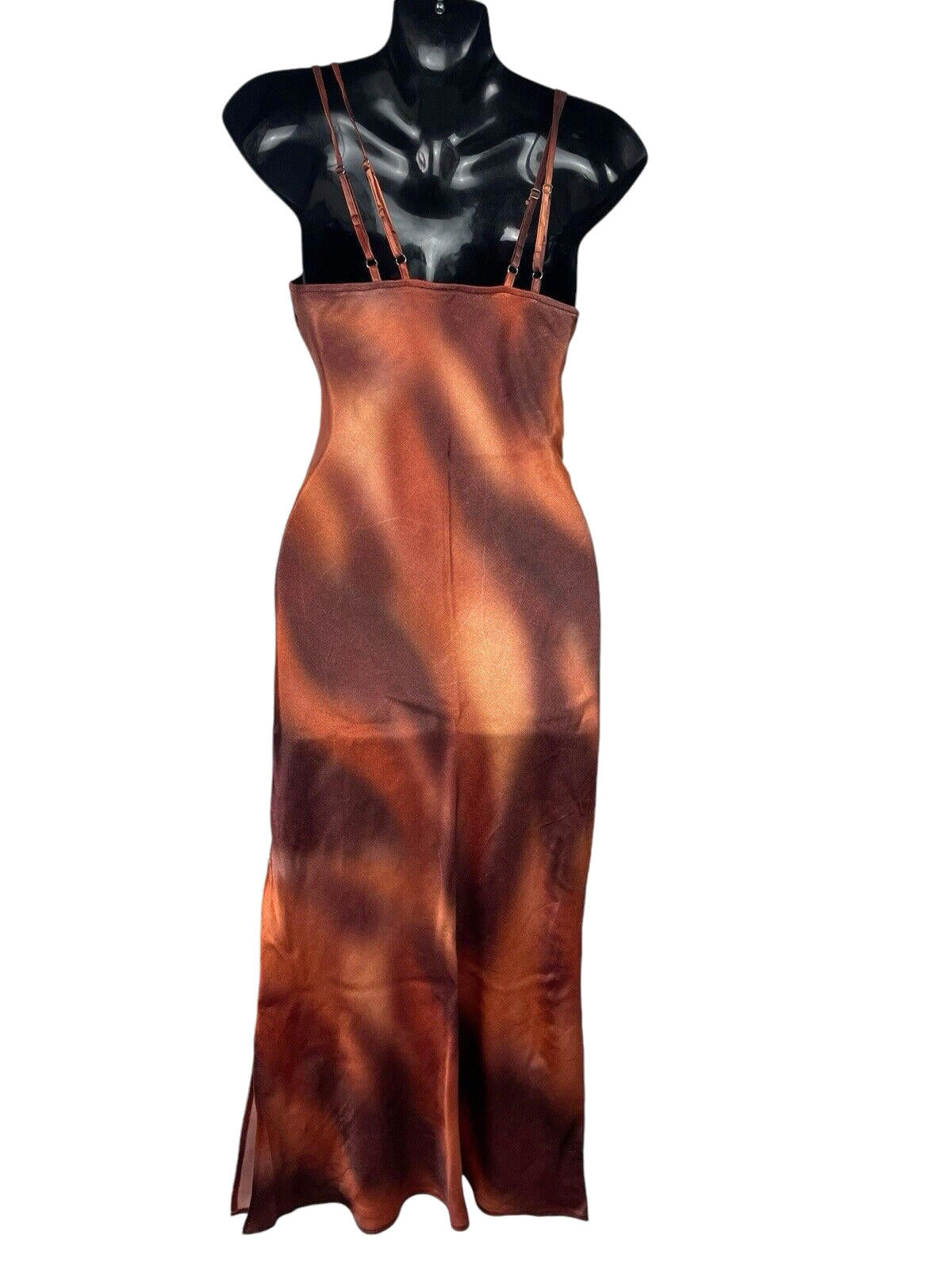 Bershka Burnt Orange Satin Maxi Dress Side Slit Women’s UK Size XS