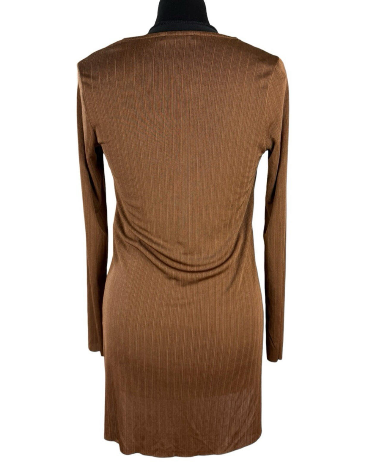 Zara Long Sleeve Tunic Top Women’s UK Size S Side Slit Brown Fine Stripe V-Neck