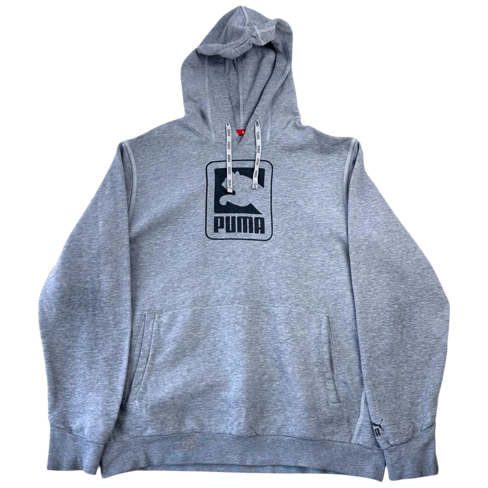 Puma Hoodie Men's UK Size L Grey Red Label Black Graphic Print Drawstring