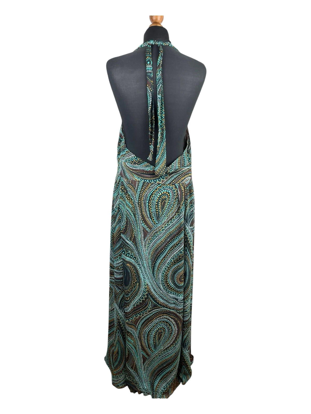 New Look Maxi Dress Halter Backless Women’s UK Size 16 Green & Brown Tribal