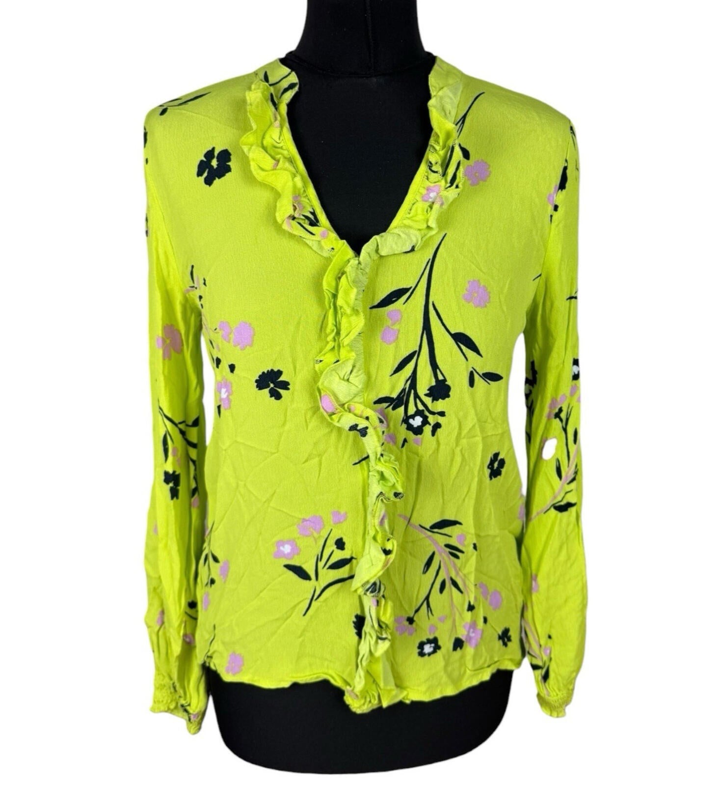 River Island Neon Blouse Women’s UK Size 10 Long Sleeve Frill Detail Floral