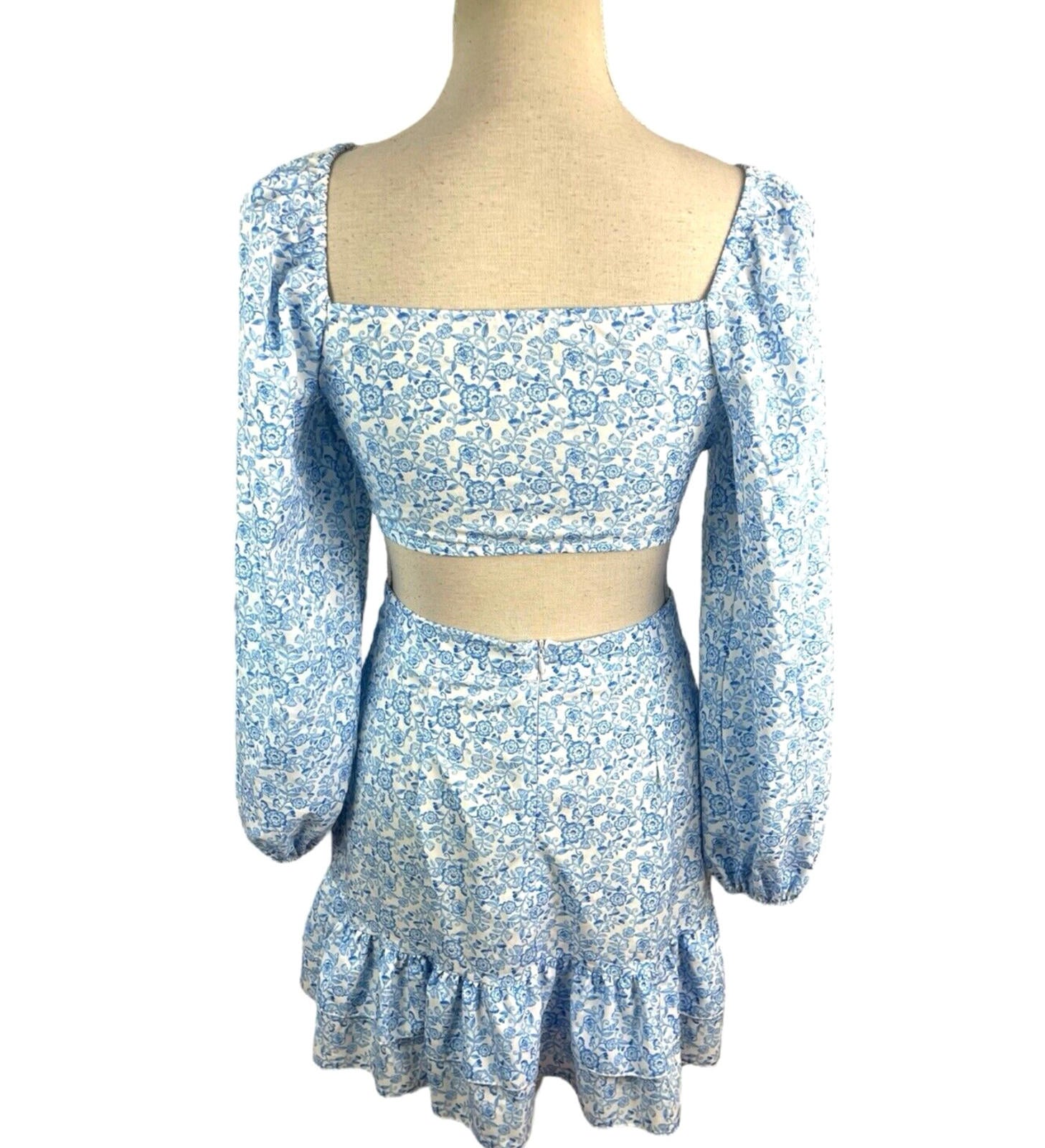 Boohoo Floral Skirt Co Ord Set High Waist Blue & White Women’s UK Size 10