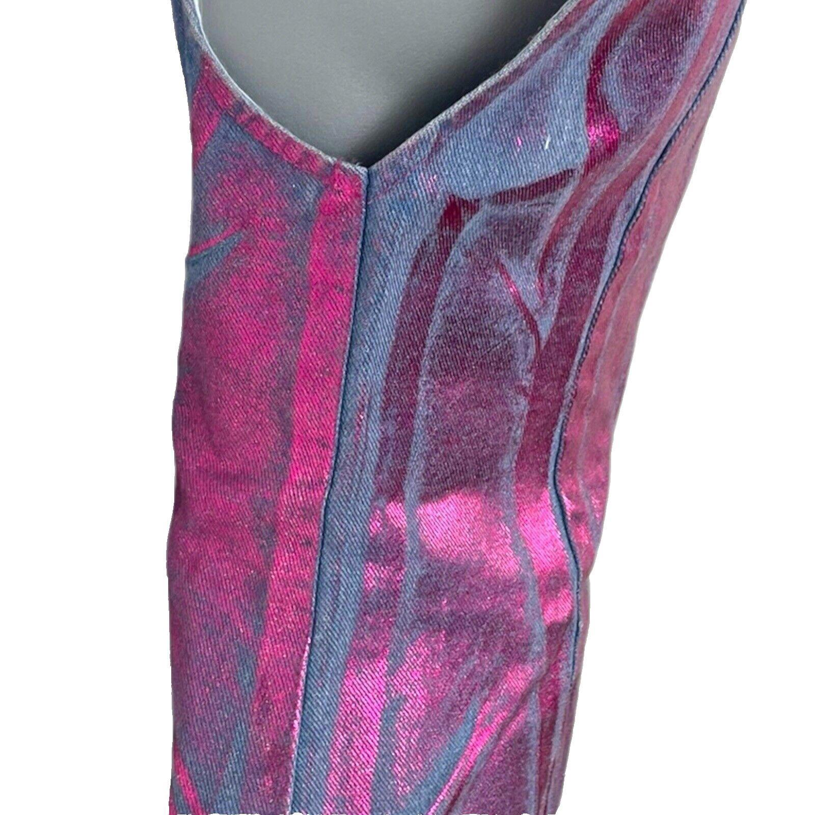 Denim Mini Dress Women’s UK Size XS Purple Coated Metallic Distressed Look Y2K