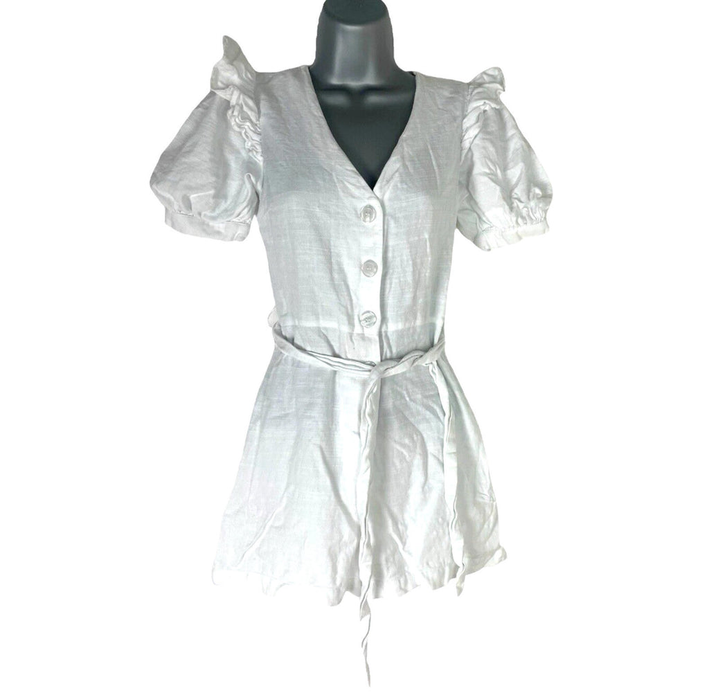 New Look Playsuit White Belted Puff Sleeve 100% Cotton Women’s UK Size 6