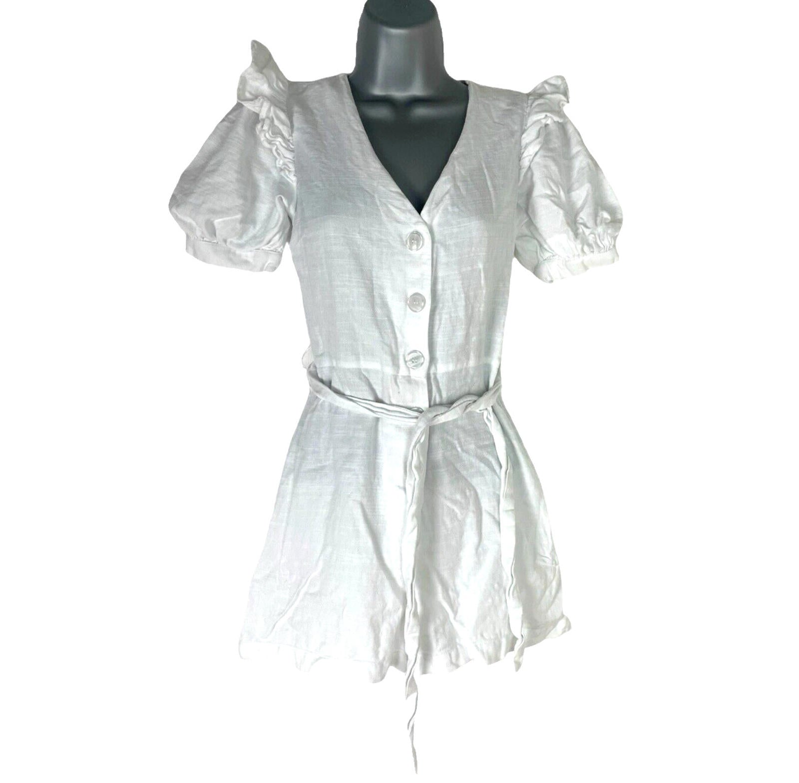New Look Playsuit White Belted Puff Sleeve 100% Cotton Women’s UK Size 6