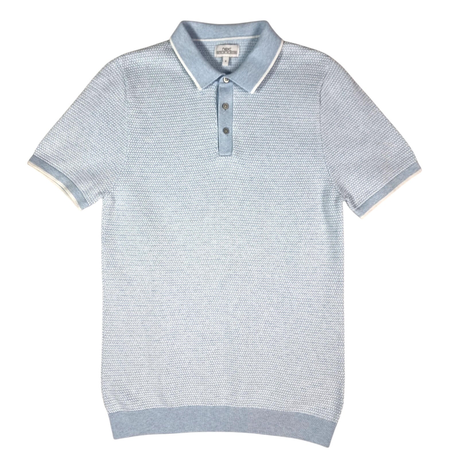 Next Knit Polo Shirt Men's UK Size S Textured Sky Blue Short Sleeve 100% Cotton