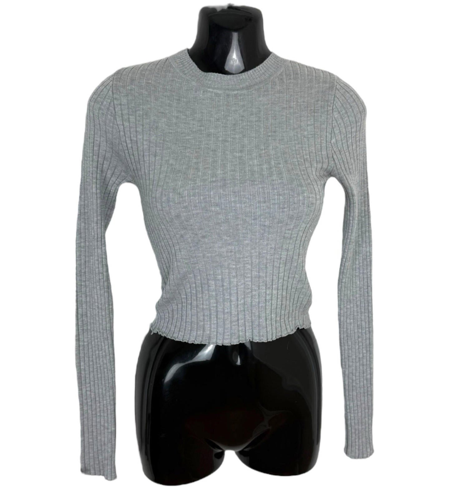 Divided Cropped Jumper Women's UK Size XS Grey Ribbed Long Sleeve Crew Neck Top