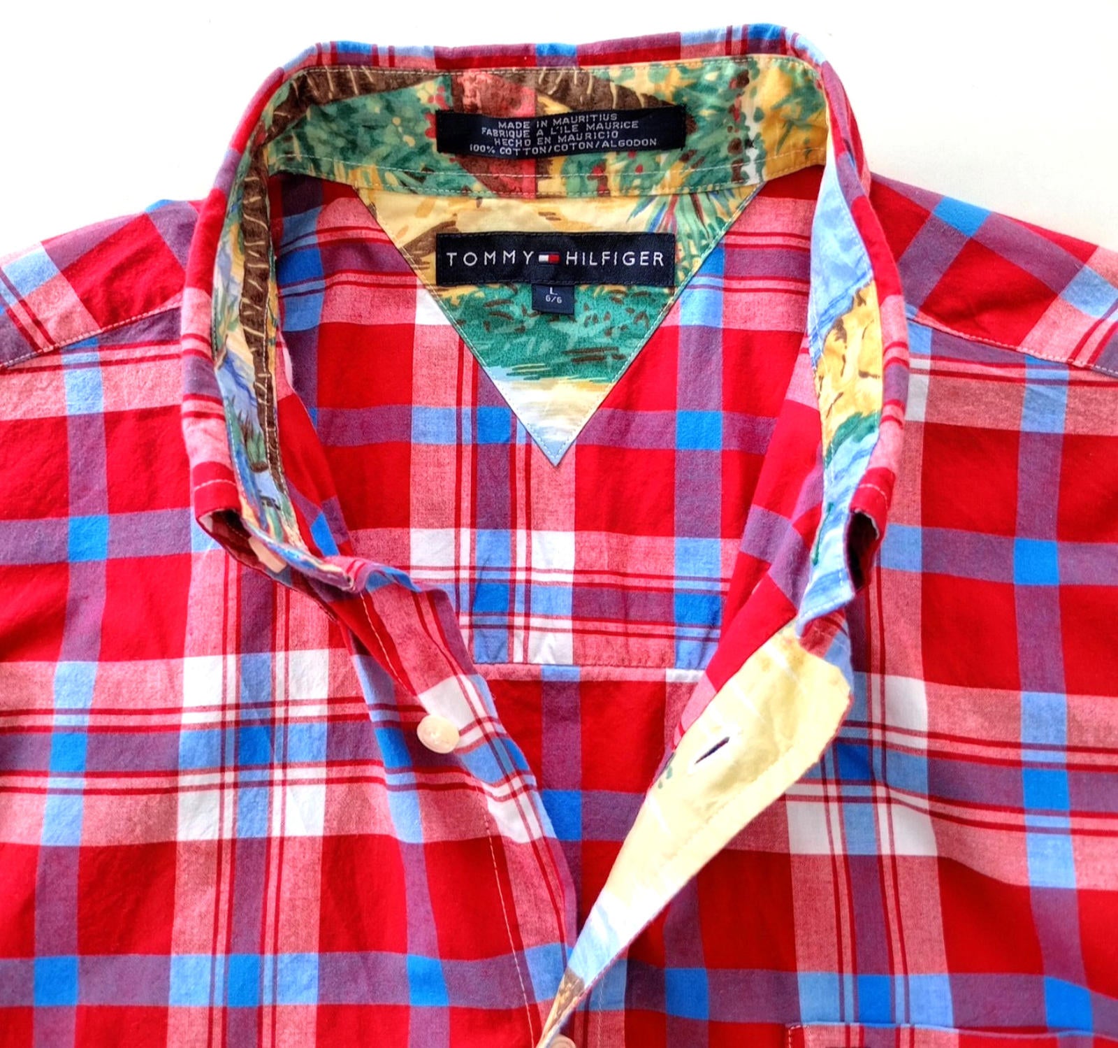 Tommy Hilfiger Shirt Men's UK Size L Red Check Short Sleeve Pockets 100% Cotton