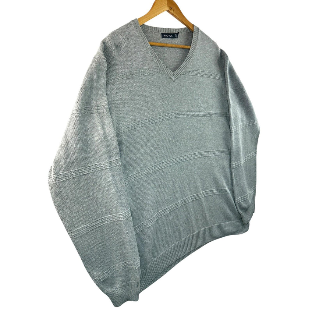 Nautica Knit Jumper Men's UK Size XL Grey Stripe Long Sleeve 100% Cotton Sweater
