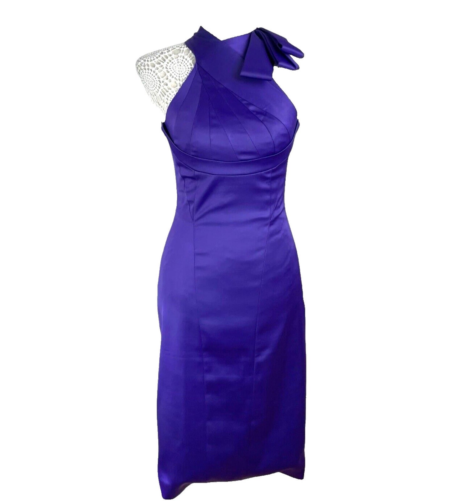 Karen Millen Dress Purple Stretch Satin Sheath High Neck Women’s UK Size 8