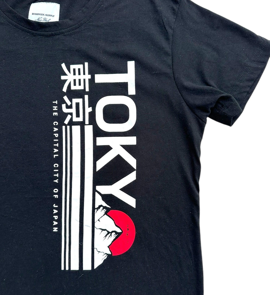TOKYO Print T-Shirt Men's UK Size M Black Red Rising Sun Graphic Print Crew Neck