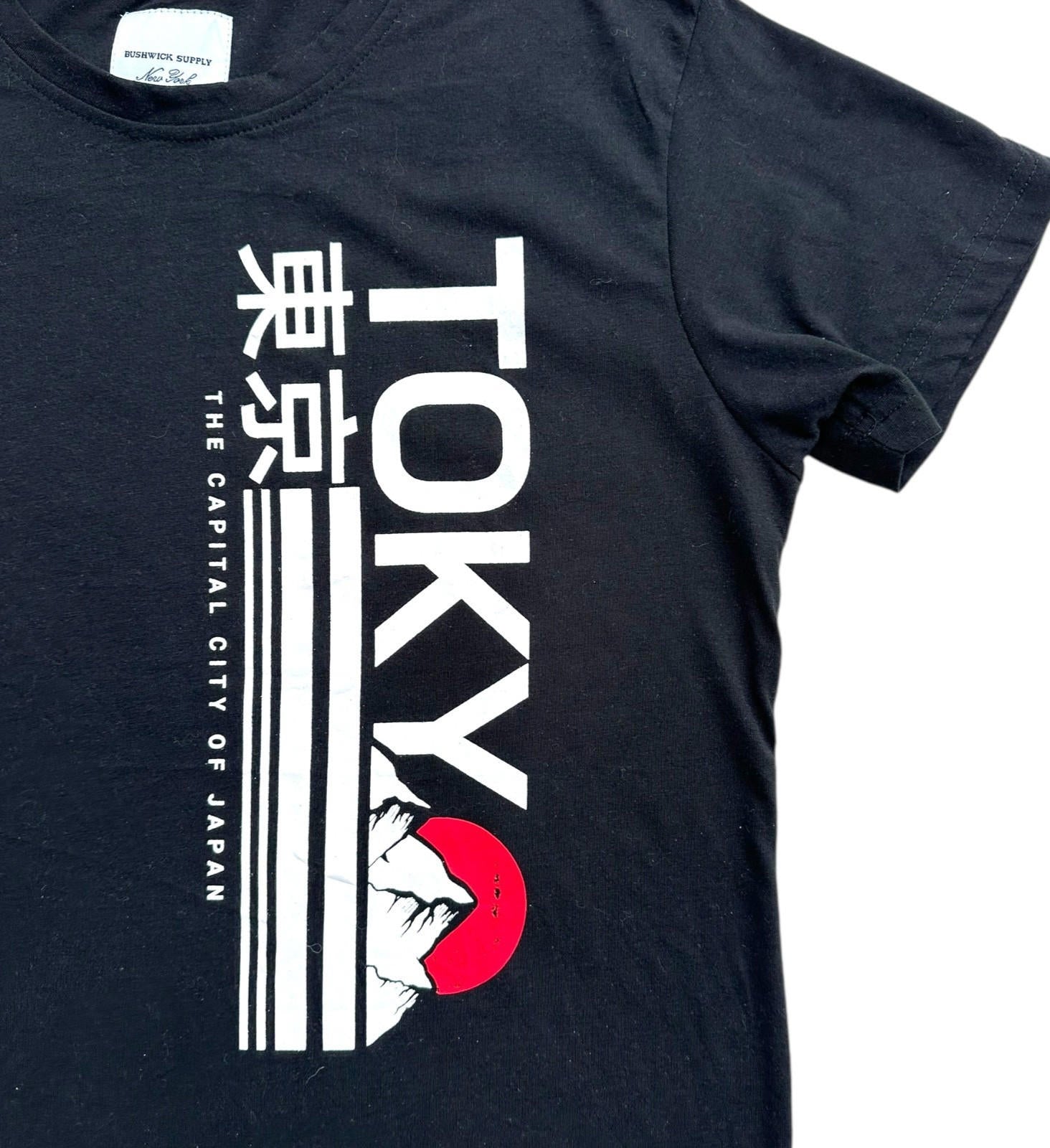 TOKYO Print T-Shirt Men's UK Size M Black Red Rising Sun Graphic Print Crew Neck