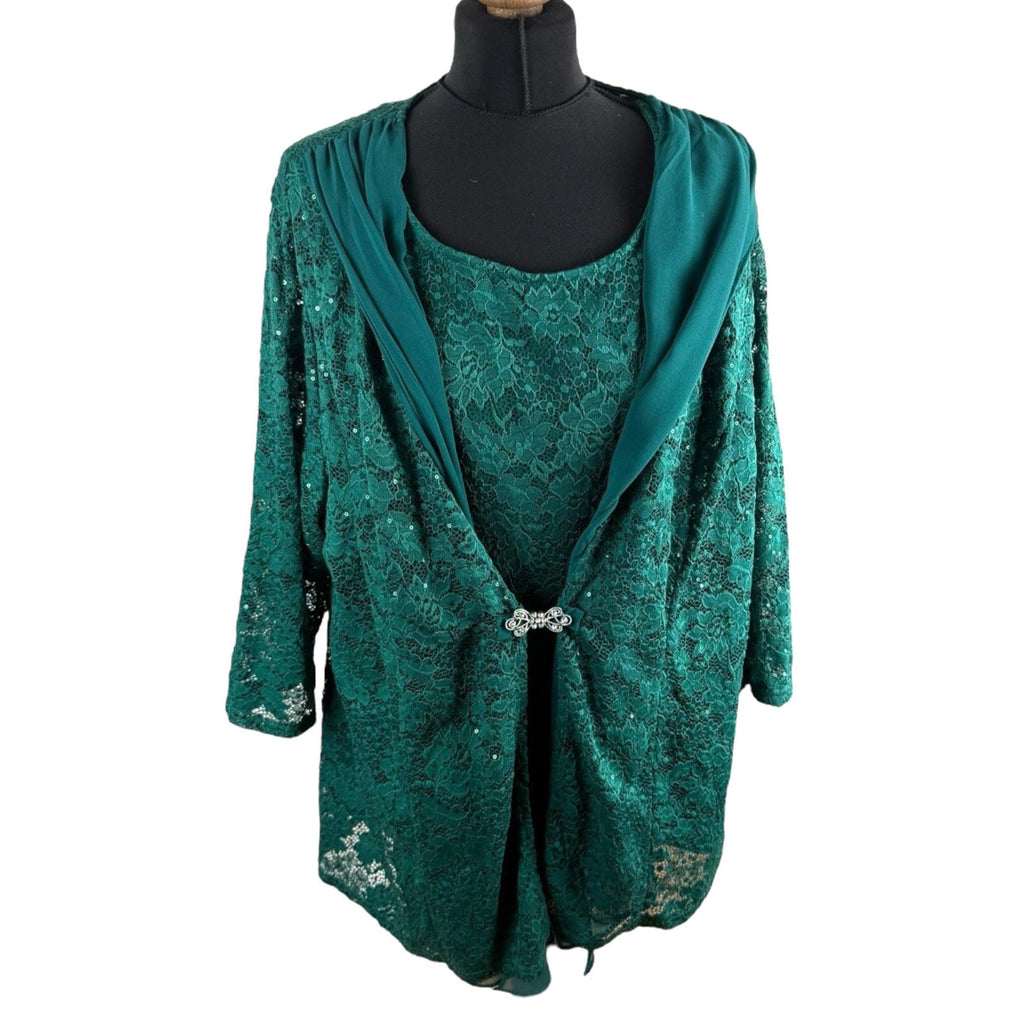 Hanna Nikole Green 2 Piece Blouse Jacket Set Lace Sequin Women’s UK Size 22