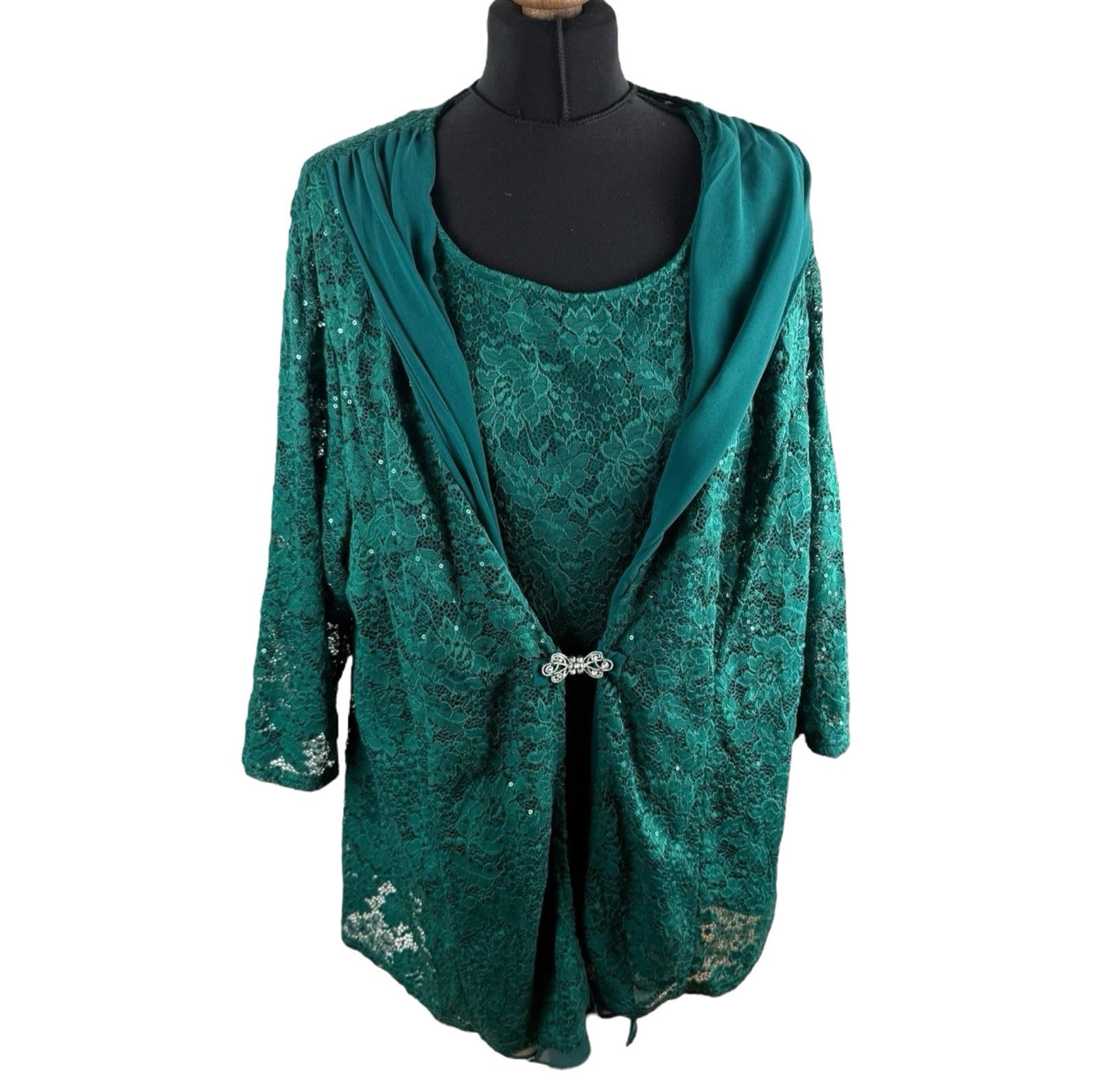 Hanna Nikole Green 2 Piece Blouse Jacket Set Lace Sequin Women’s UK Size 22