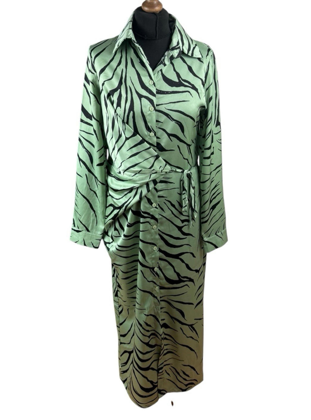 Elli White Satin Shirt Dress Animal Print Wrap Design Green Women’s UK Size S