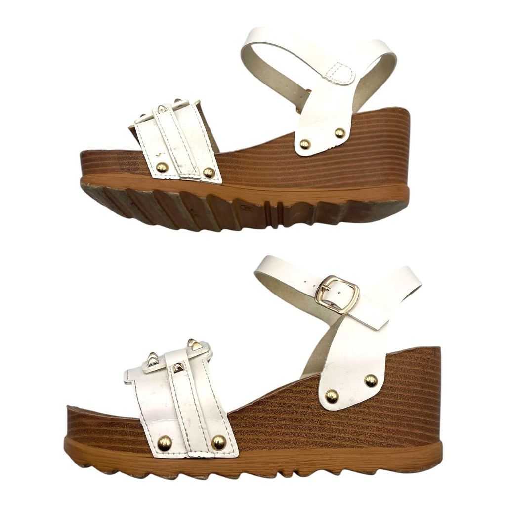 Wedge Sandals Women’s UK Size 5 White Faux Leather Studded Buckled Straps