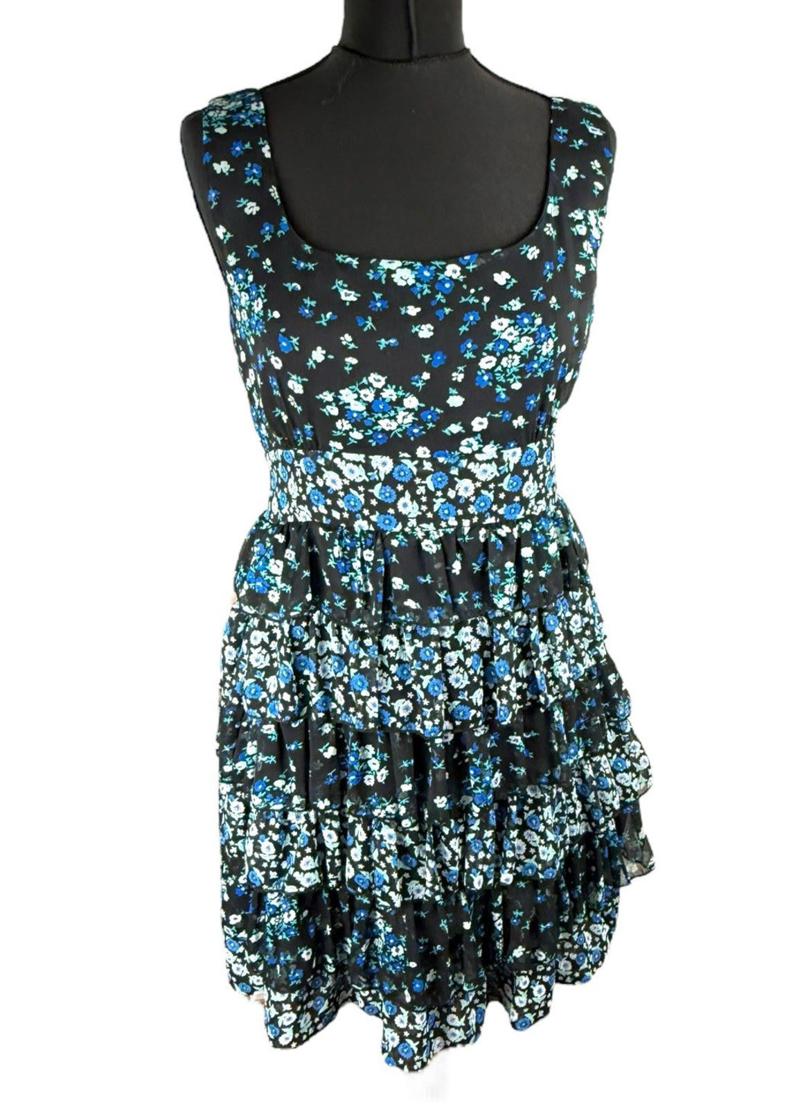 Austin Black Floral Mini Dress Ruffle Layers Tie Back Women’s UK Size 18