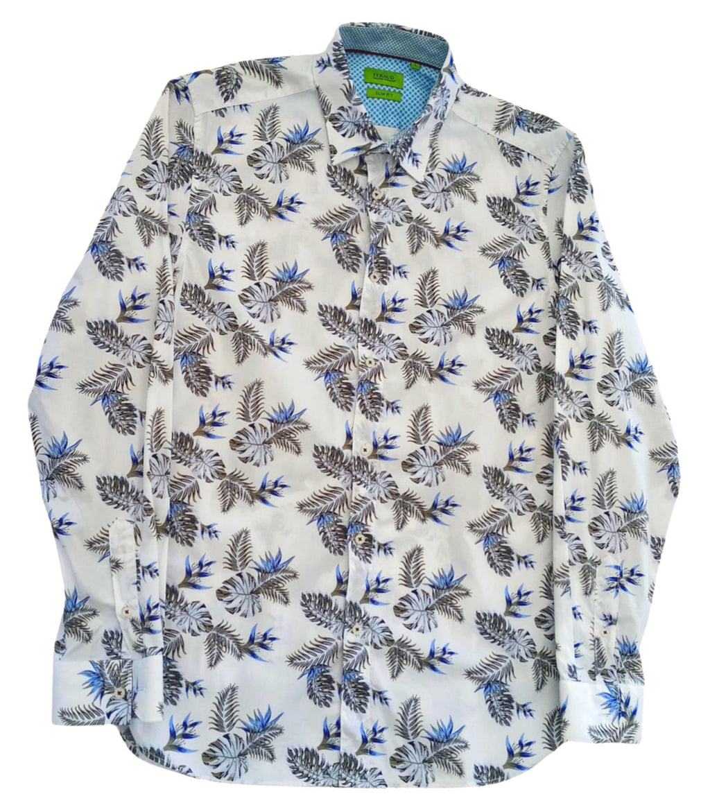 Feraud Shirt Long Sleeve Leaf Design White 100% Cotton Men's UK Size Medium M