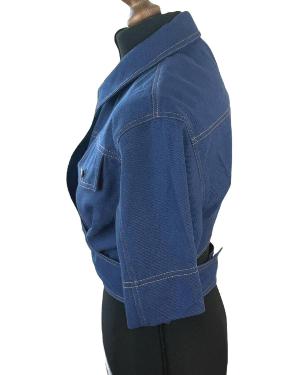 Cropped Denim Shirt Women’s UK Size 8 Blue Twist Cutout Detail 3/4 Sleeve Top