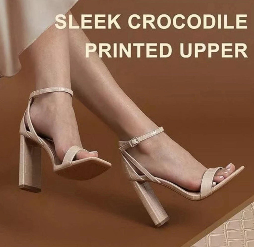 Dream Pairs Nude Open Square Toe Block Heel Shoes Crocodie Faux Leather