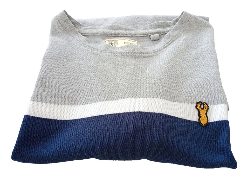 Next T-Shirt Men's UK Size L Grey Crew Neck Jersey Logo Striped Cotton Rich