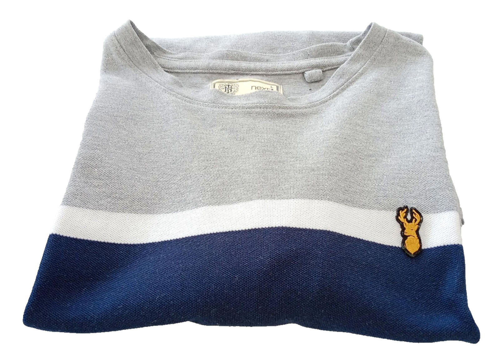 Next T-Shirt Men's UK Size L Grey Crew Neck Jersey Logo Striped Cotton Rich