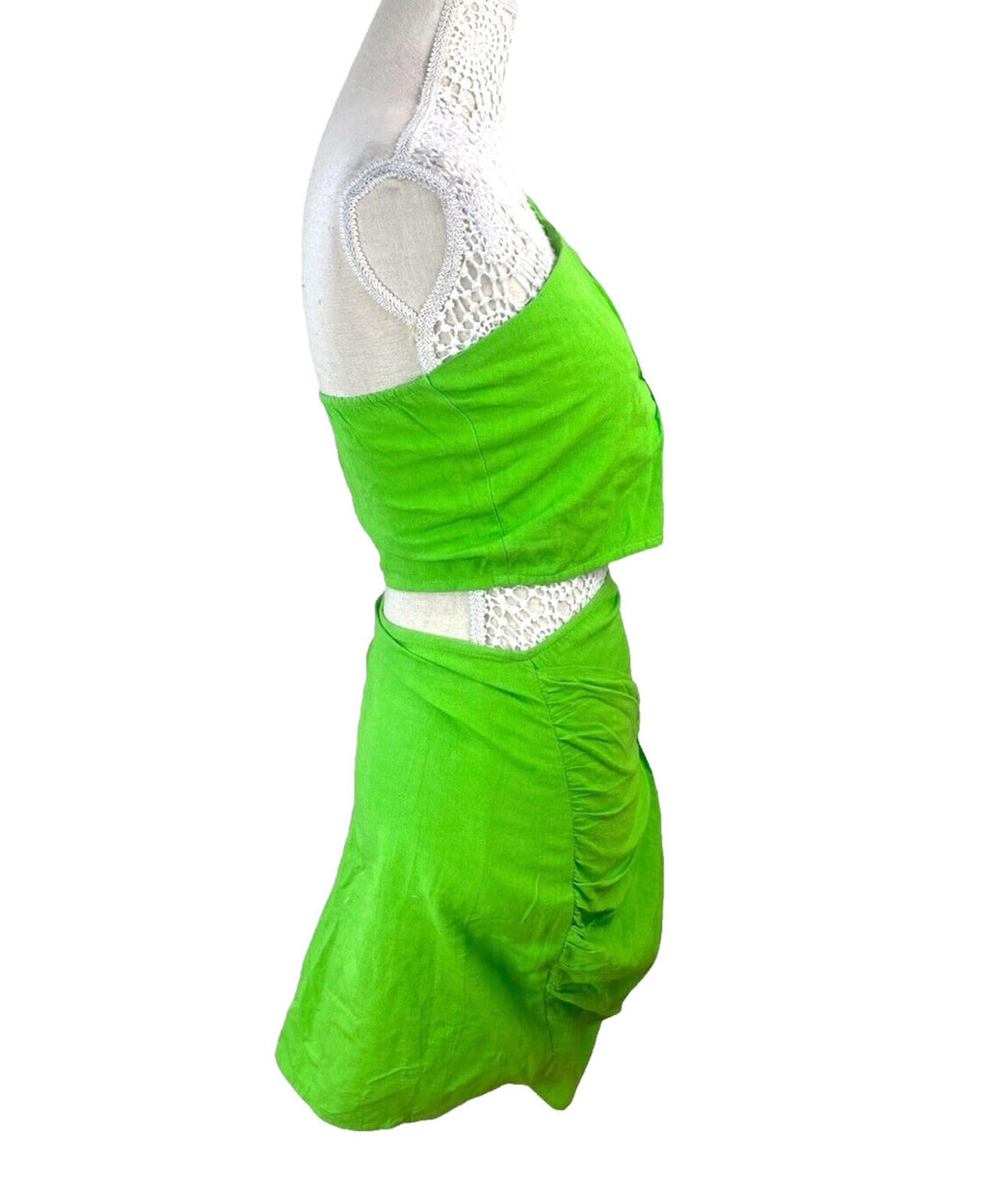 Ruched Skirt & Crop Top Set Women’s UK Size 8 Bright Green Sarong One Shoulder