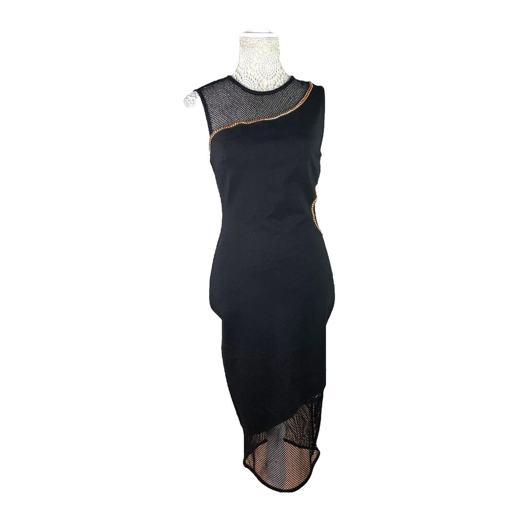 River Island Black Midi Dress Fishnet Panels Gold Studded Women’s UK Size 12