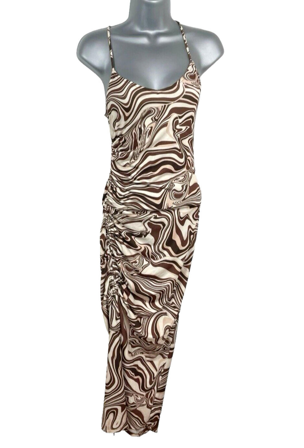 Bershka Maxi Dress Brown & Cream Ruched Side Slit Women’s UK Size XS